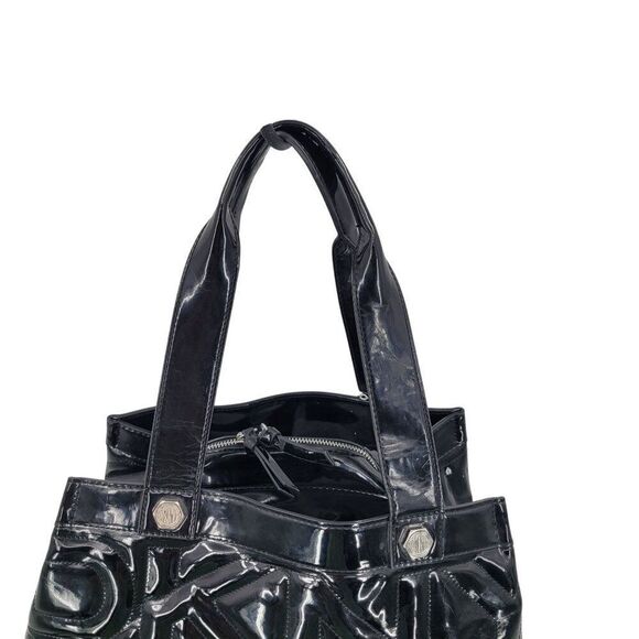 Vtg 90s Y2K Black Patent Leather Logo Quilted Shoulder Tote Bag Purse Trending - Picture 5 of 14